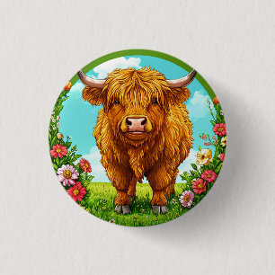 Highland Cow in a Flower-Decorated Pasture Scene 3 Cm Round Badge