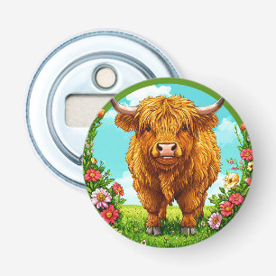 Highland Cow in a Flower-Decorated Pasture Scene Bottle Opener