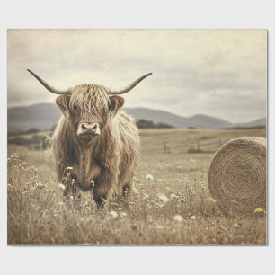 Highland Cow in a Hay Field Decoupage Wrapping Paper