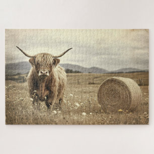 Highland Cow in a Hay Field Vintage Jigsaw Puzzle
