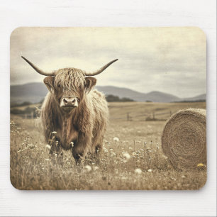 Highland Cow in a Hay Field Vintage Mouse Pad