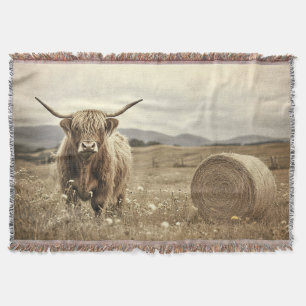 Highland Cow in a Hay Field Vintage Throw Blanket