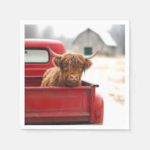 Highland Cow In a Red Retro Pickup Truck Napkin