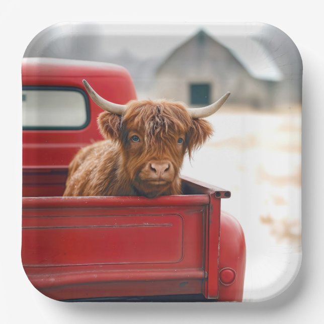 Highland Cow In a Red Retro Pickup Truck Paper Plate (Front)