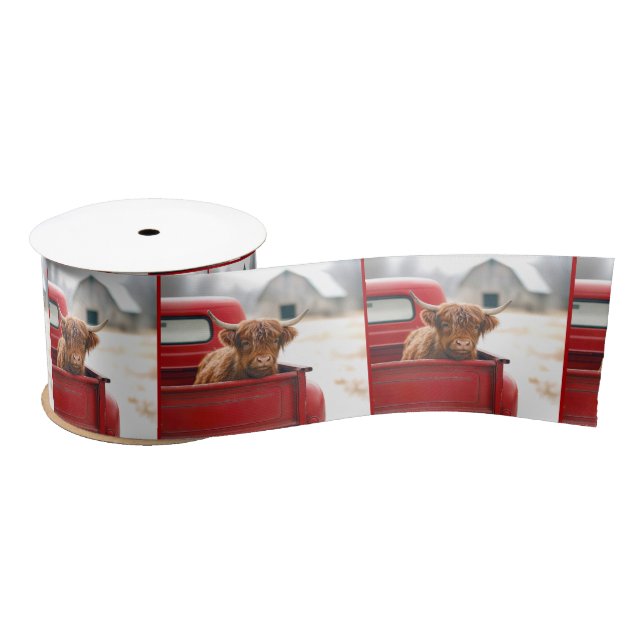 Highland Cow In a Red Retro Pickup Truck Satin Ribbon (Spool)