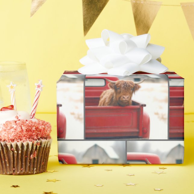 Highland Cow In a Red Retro Pickup Truck Wrapping Paper (Birthday Party)
