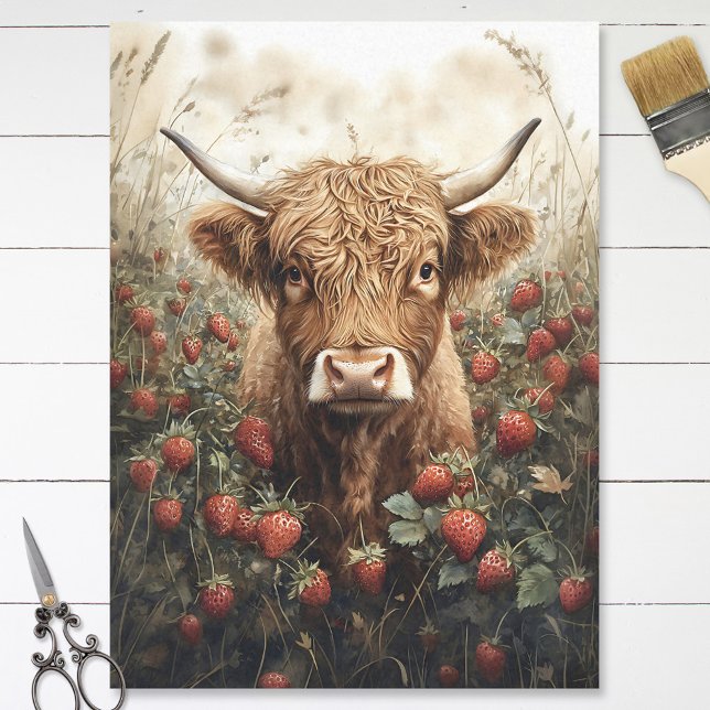 Highland Cow in a Strawberry Patch Decoupage Tissue Paper (Creator Uploaded)