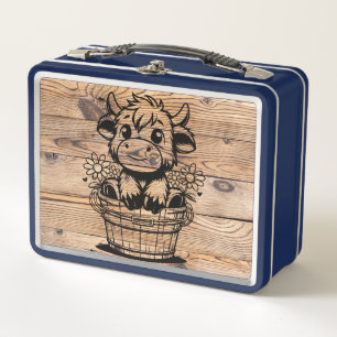Highland Cow in Bucket Blue/Faux Woodgrain Metal Lunch Box