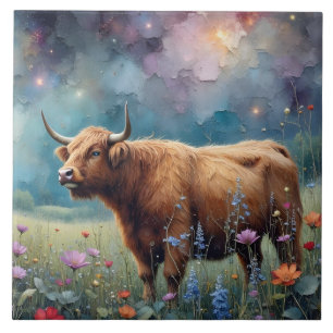 Highland Cow in Colourful Floral Tapestry Ceramic Tile