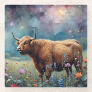 Highland Cow in Colourful Floral Tapestry Glass Coaster