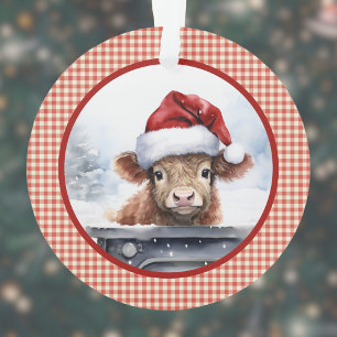 Highland Cow in Cute Santa Hat Gingham Christmas Ornament