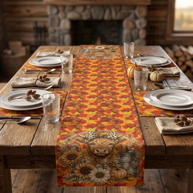 Highland Cow In Falling Leaves Table Runner (Creator Uploaded)