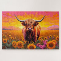 Highland Cow in Field of Sunflowers at Dawn 