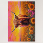Highland Cow in Field of Sunflowers at Dawn 