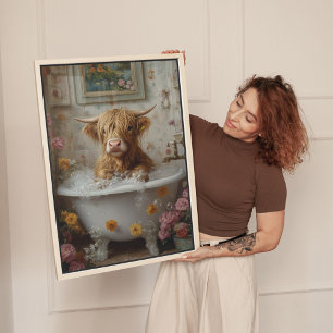 Highland Cow in Floral Bathtub Art Canvas Print