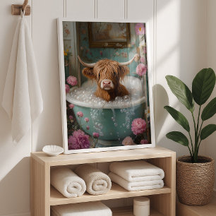 Highland Cow in Floral Bathtub Art Print