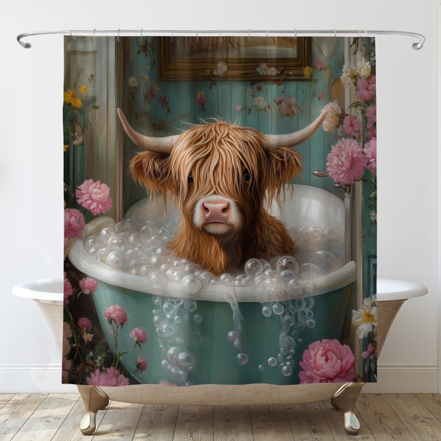 Highland Cow in Floral Bathtub Shower Curtain (Creator Uploaded)