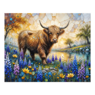 Highland Cow in Floral Valley Landscape Photo Print