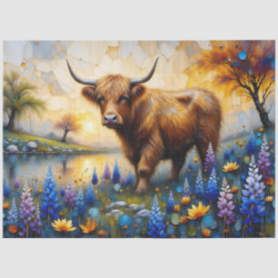 Highland Cow in Floral Valley Landscape Tissue Paper