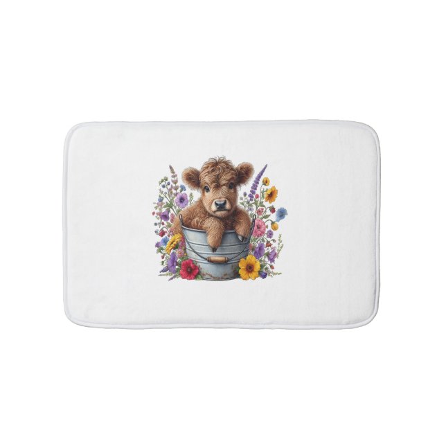 Highland Cow in Flower Bucket , Cute Bath Mat (Front)