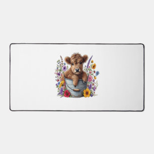 Highland Cow in Flower Bucket , Cute Desk Mat