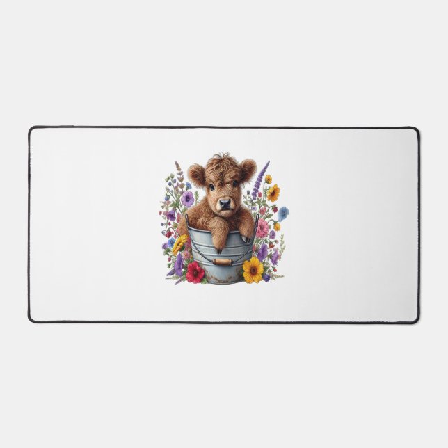 Highland Cow in Flower Bucket , Cute Desk Mat (Front)