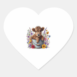 Highland Cow in Flower Bucket , Cute Heart Sticker