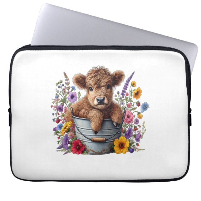 Highland Cow in Flower Bucket , Cute Laptop Sleeve (Front)