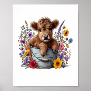 Highland Cow in Flower Bucket , Cute Poster