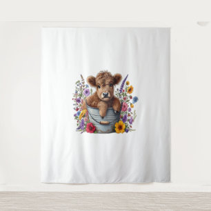 Highland Cow in Flower Bucket , Cute Tapestry