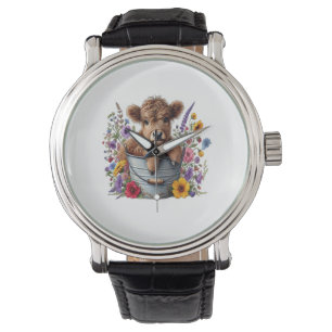 Highland Cow in Flower Bucket , Cute Watch