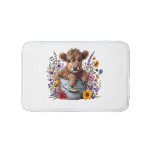 Highland Cow in Flower Bucket Png, Cute Bath Mat