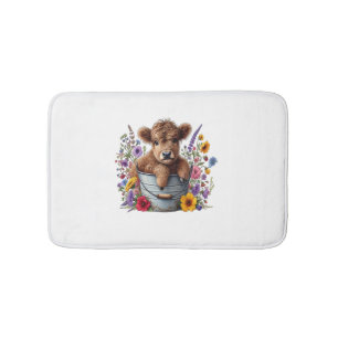 Highland Cow in Flower Bucket Png, Cute Bath Mat