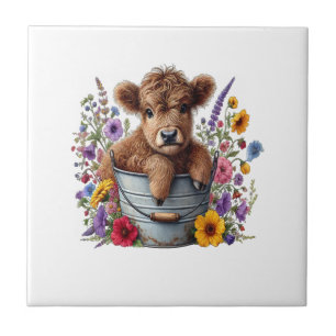 Highland Cow in Flower Bucket Png, Cute Ceramic Tile