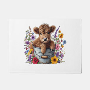 Highland Cow in Flower Bucket Png, Cute Doormat