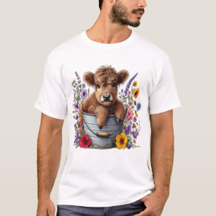 Highland Cow in Flower Bucket Png, Cute T-Shirt