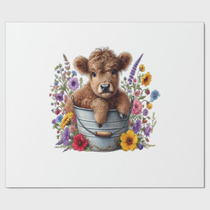 Highland Cow in Flower Bucket Png, Cute Wrapping Paper
