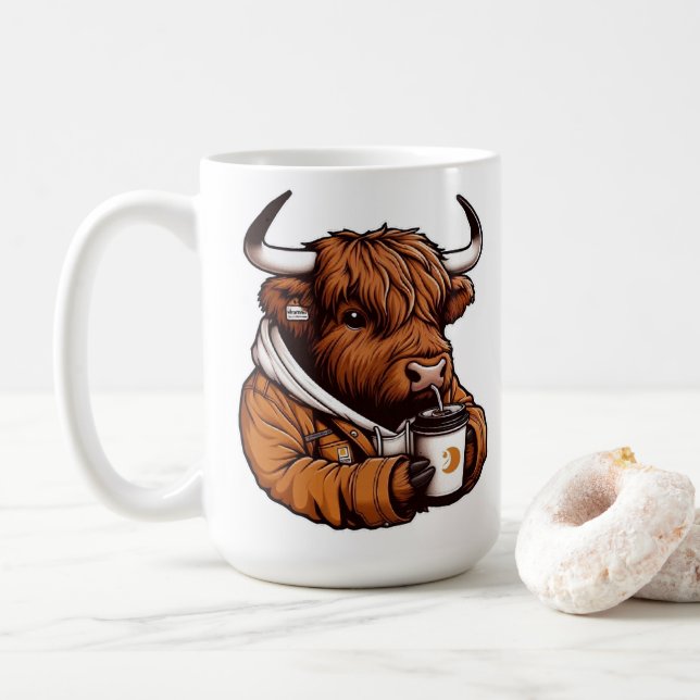  Highland Cow in Jacket Enjoying a Cosy Coffee  Coffee Mug (With Donut)