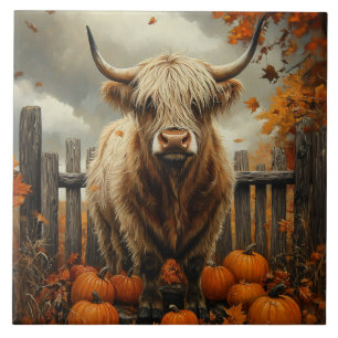 Highland Cow in Pumpkin Patch Ceramic Tile