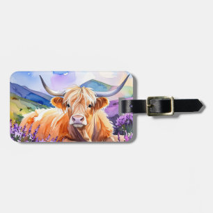 Highland Cow in Purple Heather Watercolor Luggage Tag