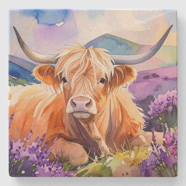 Highland Cow in Purple Heather Watercolor Stone Coaster (Front)