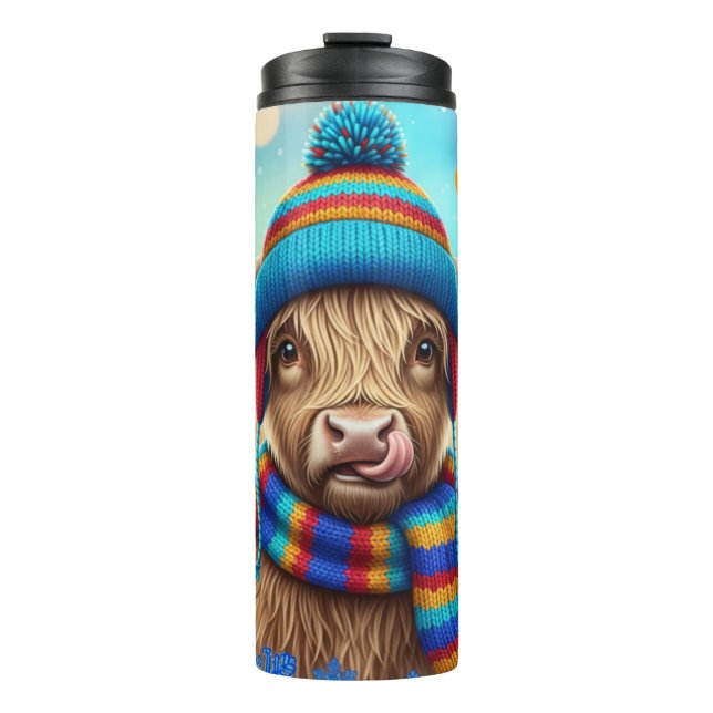 Highland Cow in Rainbow Knits" Thermal Tumbler (Front)