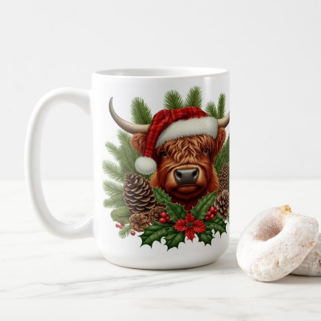 Highland Cow in Santa Hat Christmas Pinecones  Coffee Mug (With Donut)