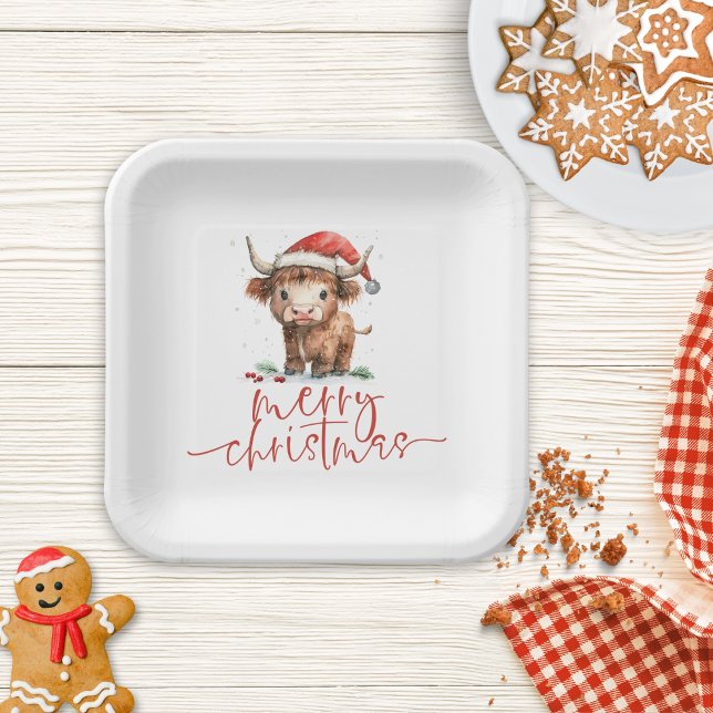 Highland Cow in Santa Hat Merry Christmas Paper Plate (Creator Uploaded)