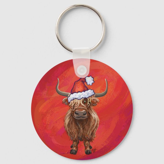 Highland Cow in Santa Hat on Red Key Ring (Front)