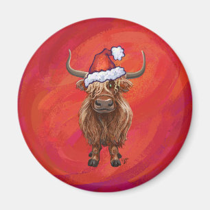 Highland cow in Santa Hat on Red Magnet