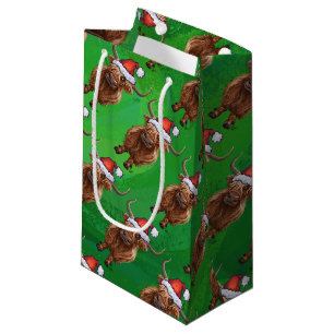 Highland Cow in Santa Hat Pattern On Green Small Gift Bag