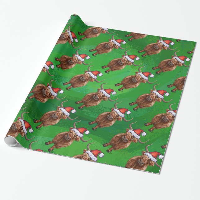 Highland Cow in Santa Hat Pattern On Green Wrapping Paper (Unrolled)