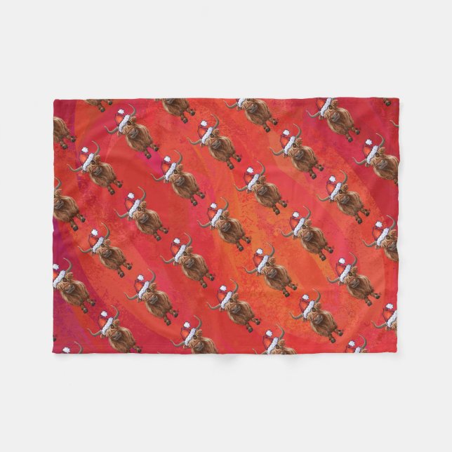 Highland cow in Santa Hat Pattern on Red Fleece Blanket (Front (Horizontal))