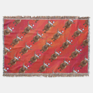 Highland cow in Santa Hat Pattern on Red Throw Blanket